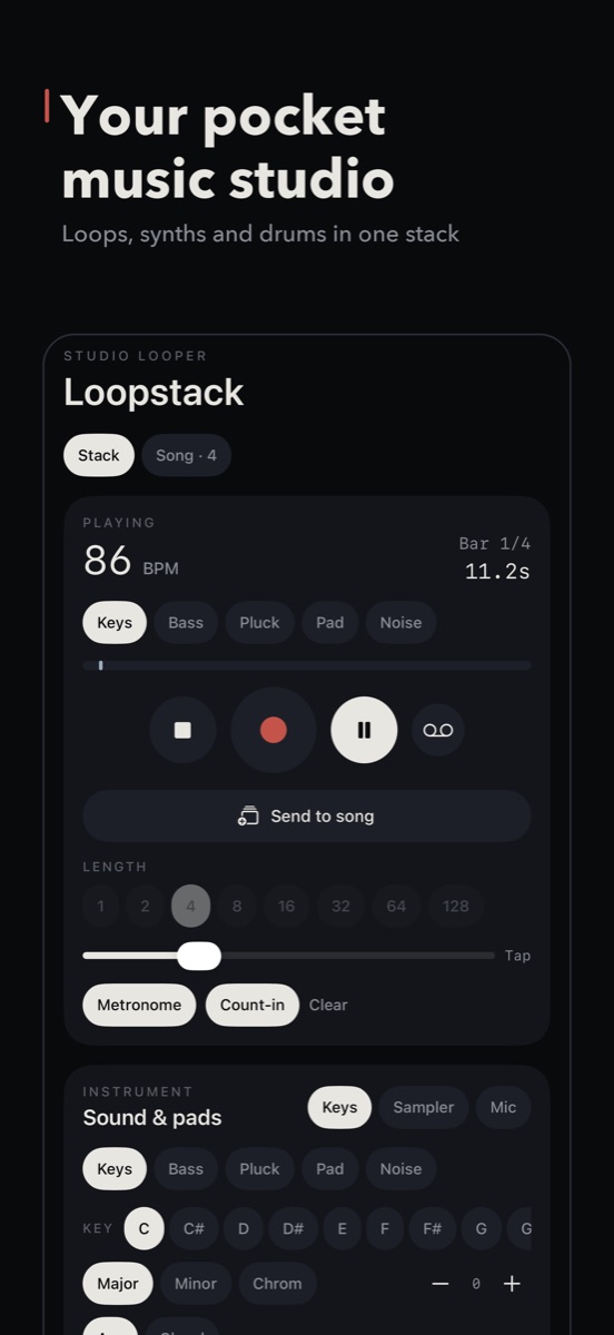 Loopstack's main screen: tempo, record, the loop length and the pads