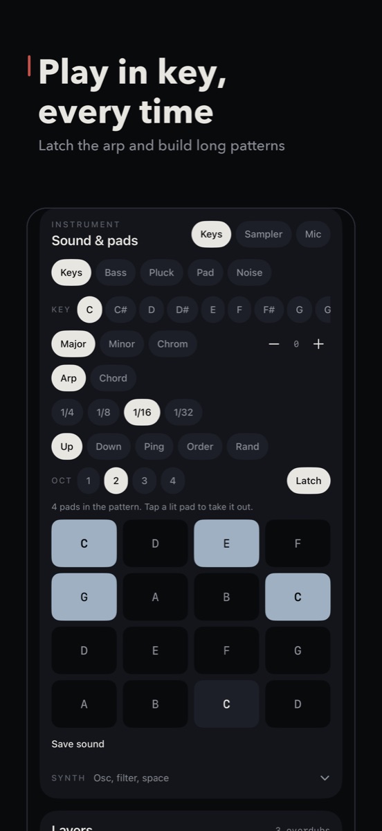 Loopstack's keys: recorded pianos and synth sounds on in-key pads